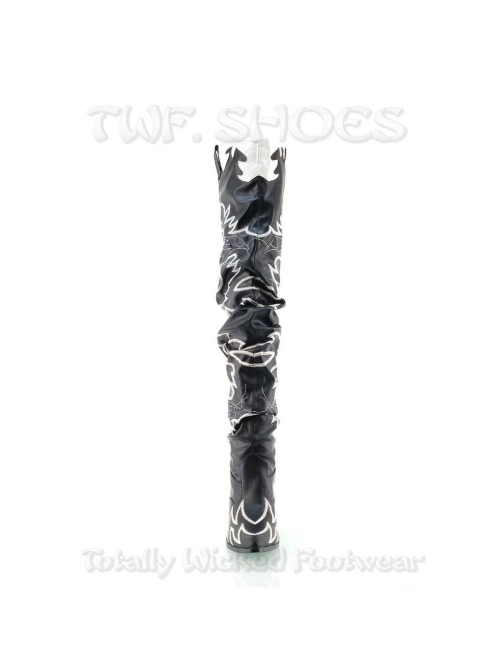 Kelsey Black Embroidered White Thigh High Western Cowboy Slouch Boots - Picture 6 of 8